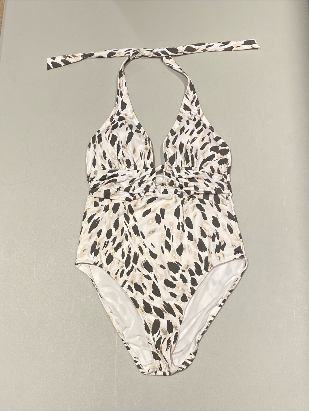 La Blanca White Halter One-Piece with Olive Spot Print, size 8 - Picture 4 of 8